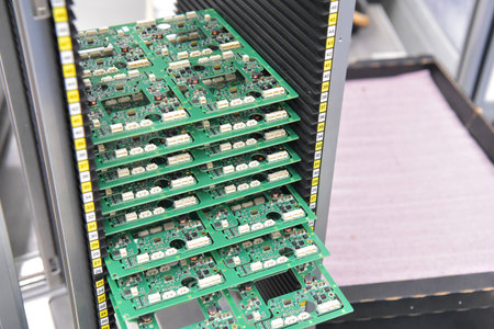 production of microelectronics in a modern industrial factory - motherboard with components in...