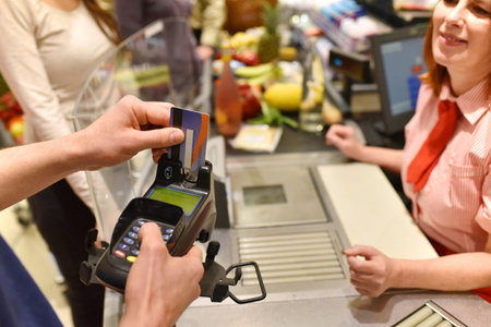 checkout and pay at supermarket