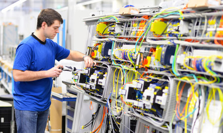 young apprentice assembles components and cables in a factory in a switch cabinet - workplace...