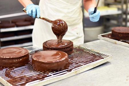 industrial production of chocolate cakes in a large bakery on an assembly line