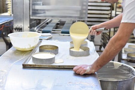 industrial production of cakes and tarts in a large bakery on an assembly line