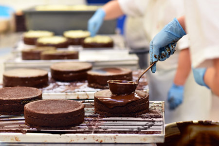 industrial production of cakes and tarts in a large bakery on an assembly line