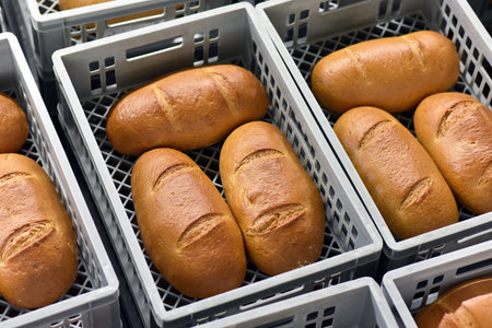 Storage and transport of freshly baked loaves of bread in a bakery for sale - industrial food...