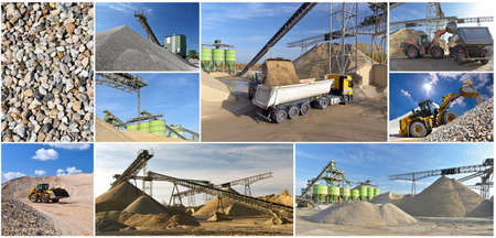 Gravel pit: building and wheel loader loading gravel onto a truckの写真素材