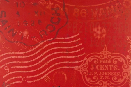 with stamp design on red backdropの写真素材