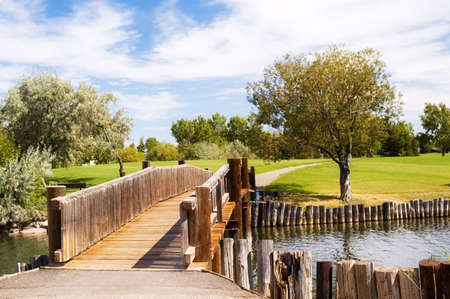 Beautiful park in the summer time, with a wooden foot bridge.の写真素材
