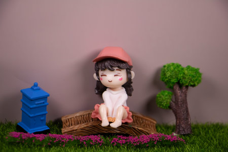 Cute miniature girl figurine sitting on a wooden bridge, smiling happily with pink hat, small tree...