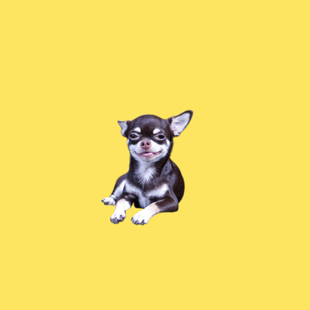 Adorable brown and white chihuahua lying down with funny smiling expression on bright yellow studio background. Minimal pet portrait with copy space for advertising.の写真素材