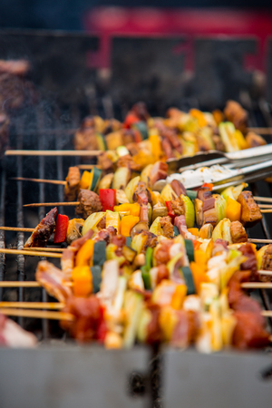 Barbecue sticks with meat and vegetables.の写真素材