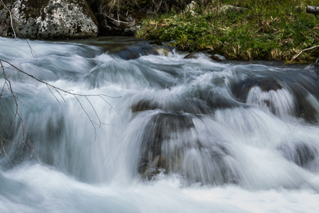 Forest stream running over mossy rocks.の写真素材