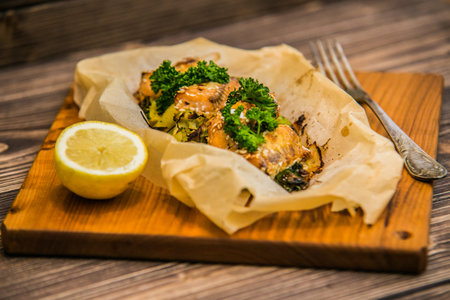Detail on special designe for food on wooden table.