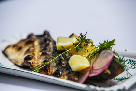 Food cooked on grill. Grilled and barbecue concept. Close-upAppetizing barbecue fresh food