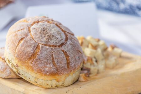 Closeup details of fresh traditional home baked wholemeal bread bunsの写真素材