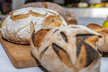 Closeup details of fresh traditional home baked wholemeal bread buns