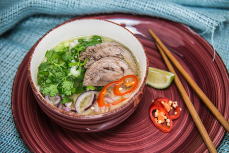 Delicious tasty vegetable soup with meat. Vietnamese soup. Asian cuisine