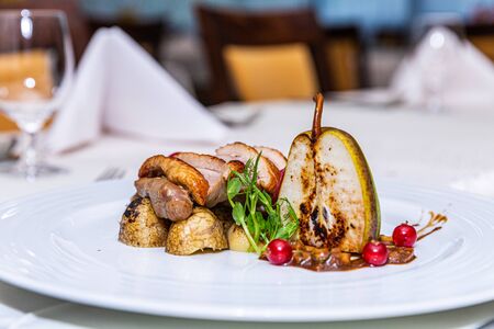 The food in the restaurant. Food styling and restaurant meal serving. Gourmet restaurant menu concept. Creative stylist restaurant の写真素材