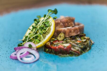 The food in the restaurant. Food styling and restaurant meal serving. Gourmet restaurant menu concept. Creative stylist restaurantの写真素材