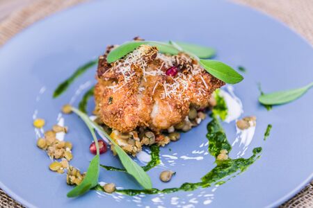 The food in the restaurant. Food styling and restaurant meal serving. Gourmet restaurant menu concept. Creative stylist restaurantの写真素材