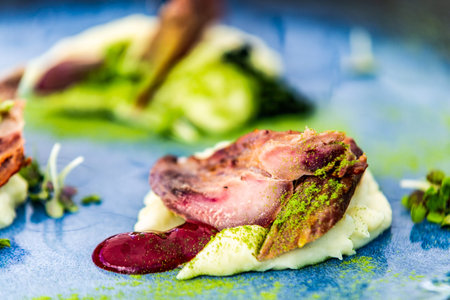 The food in the restaurant. Food styling and restaurant meal serving. Gourmet restaurant menu concept. Creative stylist restaurantの写真素材