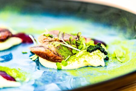 The food in the restaurant. Food styling and restaurant meal serving. Gourmet restaurant menu concept. Creative stylist restaurantの写真素材