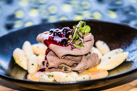 The food in the restaurant. Food styling and restaurant meal serving. Gourmet restaurant menu concept. Creative stylist restaurant の写真素材