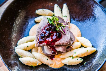 The food in the restaurant. Food styling and restaurant meal serving. Gourmet restaurant menu concept. Creative stylist restaurant の写真素材