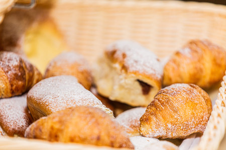 Delicious tasty fresh bakery products on table. Closeup
