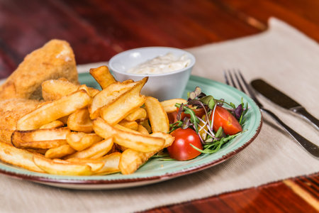 French fries with cheese and vegetables. The food in the restaurant. Food styling and restaurant...