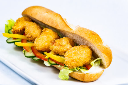 Baguette stuffed with turkey nuggets and vegetables. Food styling for street food. Closeup.の写真素材