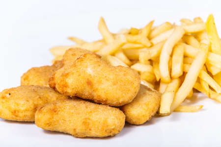 Fried cheese nuggets with french fries. The food in the restaurant. Food styling and restaurant meal serving.の写真素材