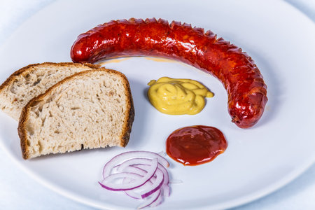 Roast pork sausage with bread and dressing. The food in the restaurant. Food styling and restaurant...