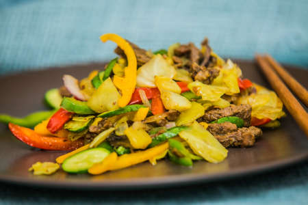 Beef pieces of meat with grilled vegetables on the Chinese way. The food in the restaurant. Food styling and restaurant meal serving.の写真素材