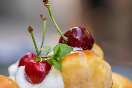 The homemade buns. Homemade delish dessert, vanilla sauce, fresh fruit. Close up
