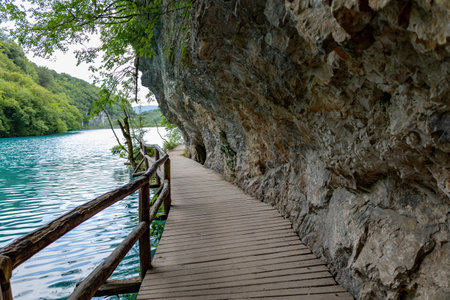 Beautiful landscape in the Plitvice Lakes National Park in Croatia. Footpath for hiking.の写真素材