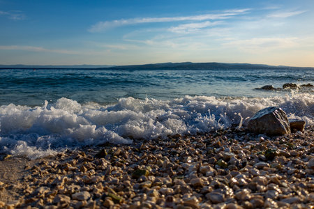 Croatia. Beautiful nature and landscape. A perfect summer holidays travel destination. Beach croatia sea nature beauty. Beach in the coast of Adriatic Sea. Sea waves on the beachの写真素材