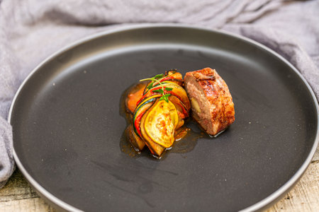 Chef preparing traditional ProvenÃ§al vegetable dish Ratatouille with stuffed rolled meat on the grill. Healthy eating.の写真素材