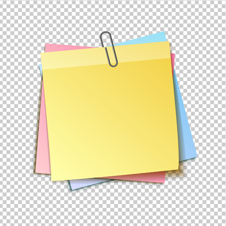 Different colored sheets of note papers collection. Curled corner and push pin. Template for your message. Vector illustration. Isolated on transparent background.のイラスト素材