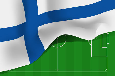 Finland national waving flag. Symbol of Suomi on football field backgroundの写真素材