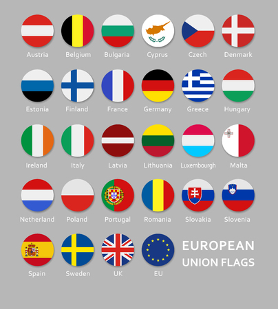 Rounded European Union flags button set with names of each countryのイラスト素材