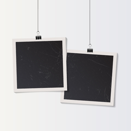 Blank retro vintage photo frame set hanging on a clip. Realistic detailed photo icon design template. Vector isolated on white background.のイラスト素材