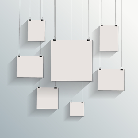 Blank retro vintage photo frame set hanging on a clip. Realistic detailed photo icon design template. Vector isolated on white wall background.のイラスト素材