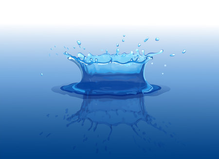 3D water splash with reflection effect. Liquid crown from falling drop. Transparency water spray. Vector illustrationのイラスト素材