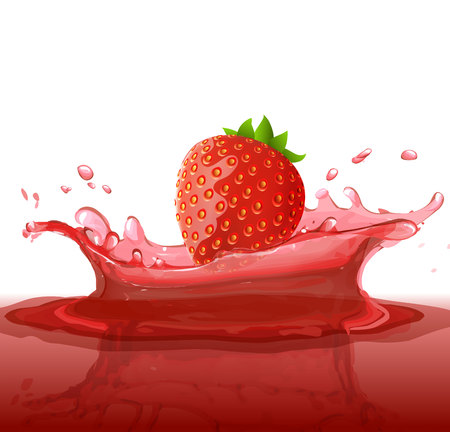 Juice splash with berry. Red strawberry fruits falling into the splash. Drink advertisement illustration. Vector template element.のイラスト素材