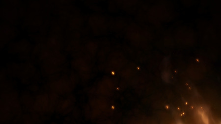 Realistic large fire with hot sparks rise in the night sky. Burning red flame on the black background, light and life. Fiery glowing flying away particles over black background. 4k 3D illustrationの写真素材