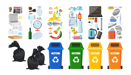 Rubbish bins for recycling different types of waste. Garbage containers for trash sorted by plastic, organic, e-waste, metal, glass, paper. Environmental conservation vector infographicsのイラスト素材