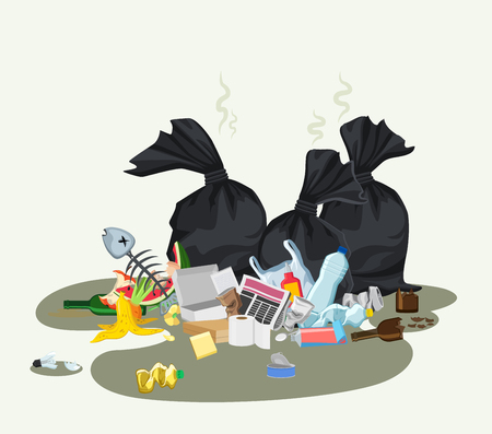 Garbage dump with rubbish bin for recycling. Different types of waste. Trash laying on the street. Environmental conservation vector infographicsのイラスト素材