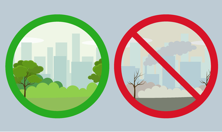 Environmental conservation icons. Landscape with nature ecology elements and ecology problem concept. Vector illustrationのイラスト素材