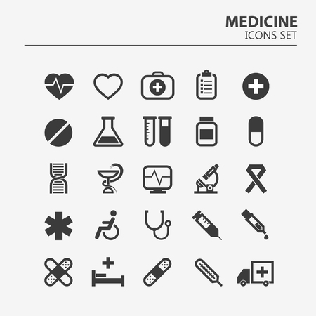 Medical icon set. 25 Silhouette hospital vector signs. Medicine design. Web ambulance infographics icons. Illustrator vector design.のイラスト素材