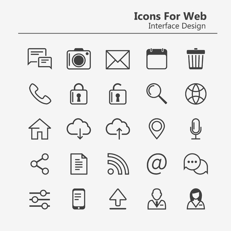 Simple stylish Outline icon set for web and mobile. Contacts and chat icons. Social media infographics. Settings, downloads and home buttons. Outline iconsのイラスト素材