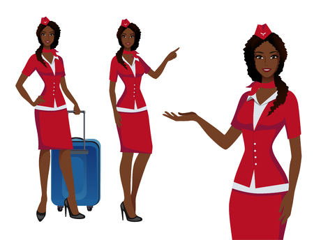 Stewardess in red uniform. Flying attendants, air hostess pointing on information or standing with bag. Pretty profession stewardess cartoon character for infographics. Vector illustration.のイラスト素材